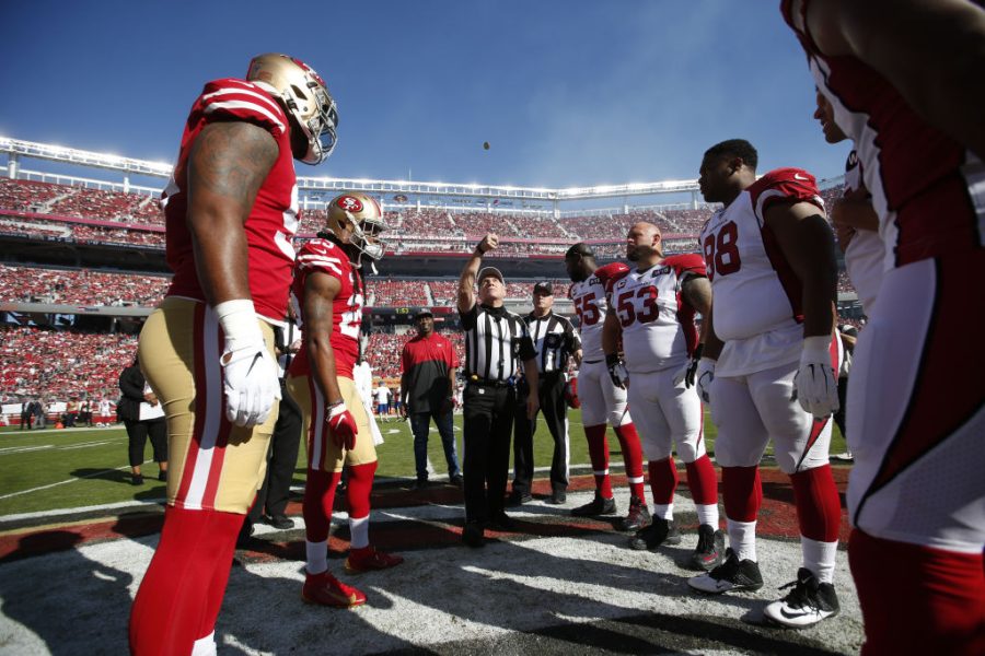 SANTA CLARA, CA - NOVEMBER 17: Captains of the San Francisco 49ers and the Arizona Cardinals meet at midfield for the coin toss prior to the game at Levis Stadium on November 17, 2019 in Santa Clara, California. The 49ers defeated the Cardinals 36-26. (Photo by Michael Zagaris/San Francisco 49ers/Getty Images)