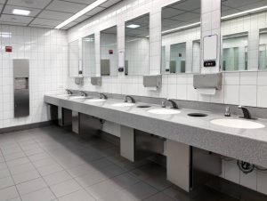Wide angle view of public restroom
