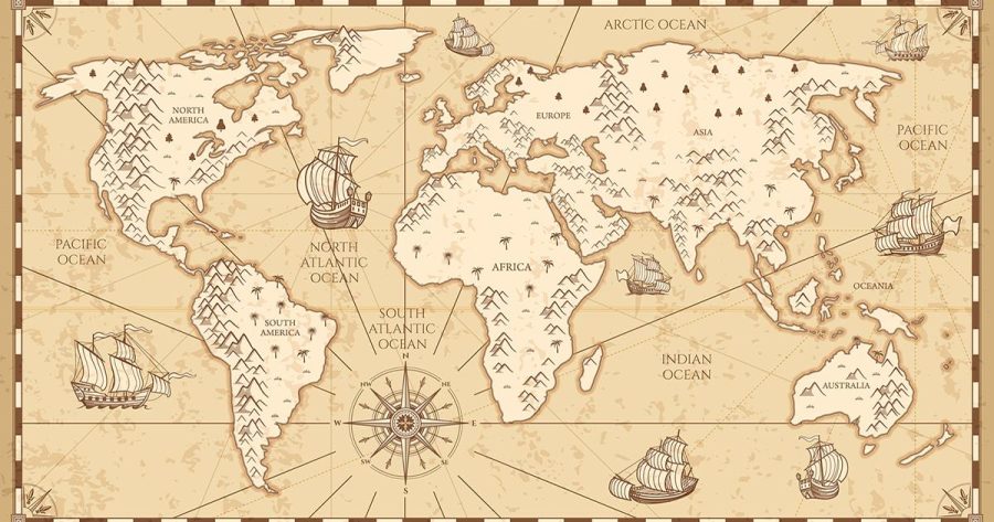 Vintage physical world map with rivers and mountains vector illustration. Retro vintage old world map with antique travel ship